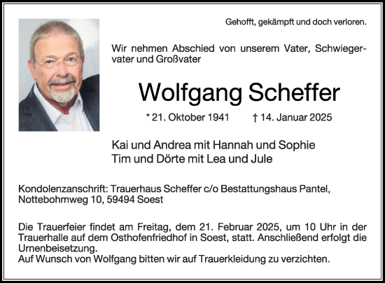 Traueranzeige von Wolfgang Scheffer von Die Glocke