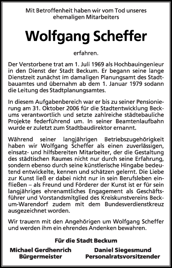 Traueranzeige von Wolfgang Scheffer von Die Glocke
