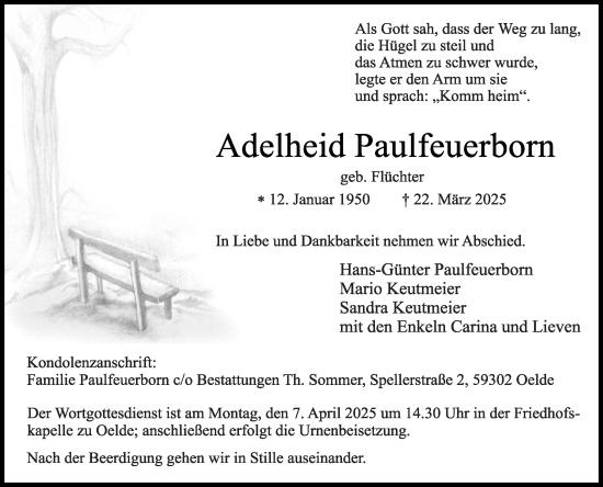 Traueranzeige von Adelheid Paulfeuerborn von Die Glocke