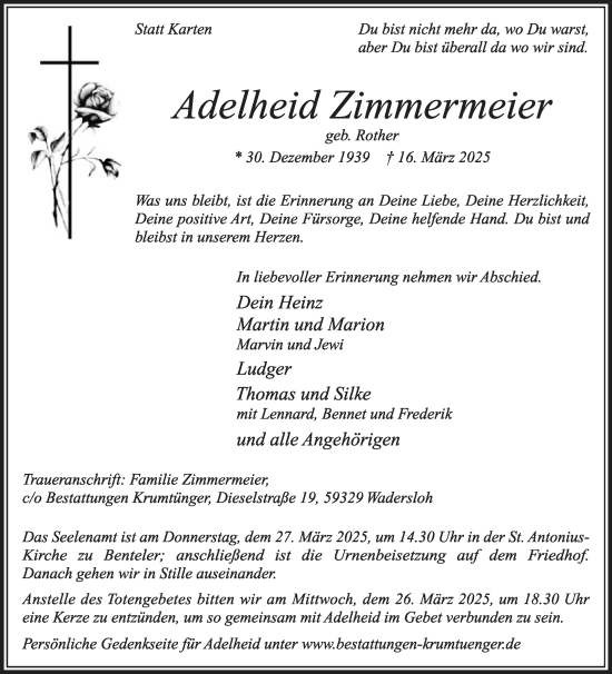 Traueranzeige von Adelheid Zimmermeier von Die Glocke
