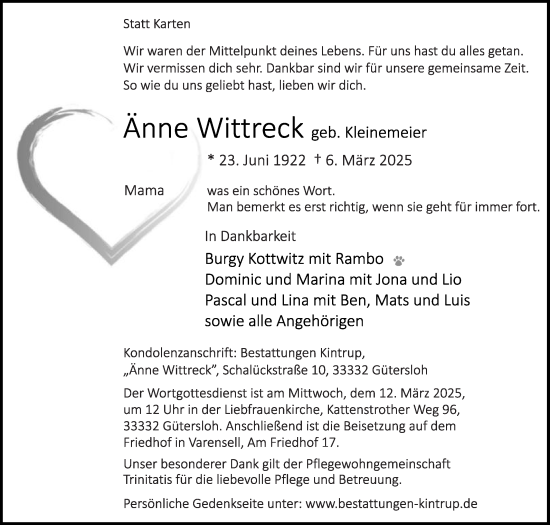 Traueranzeige von Änne Wittreck von Die Glocke
