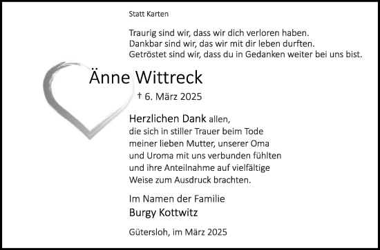 Traueranzeige von Änne Wittreck von Die Glocke