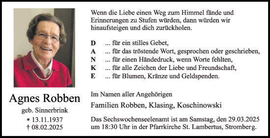 Traueranzeige von Agnes Robben von Die Glocke