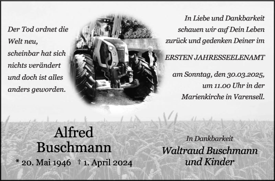 Traueranzeige von Alfred Buschmann von Die Glocke