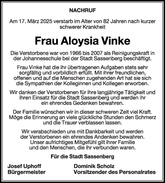 Traueranzeige von Aloysia Vinke von Die Glocke