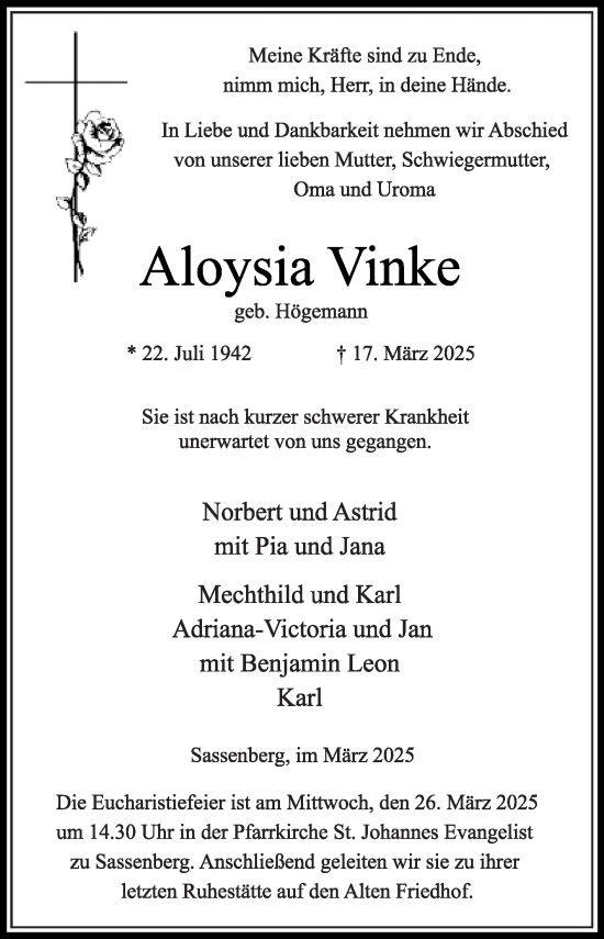 Traueranzeige von Aloysia Vinke von Die Glocke