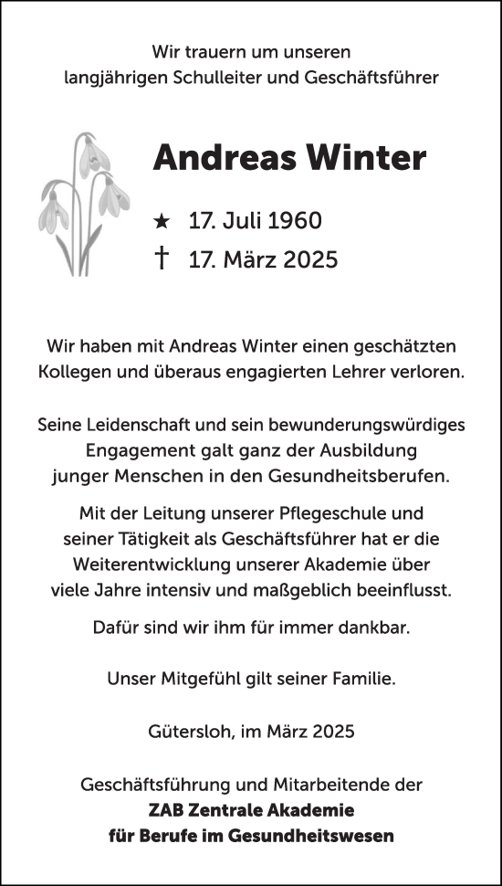 Traueranzeige von Andreas Winter von Die Glocke