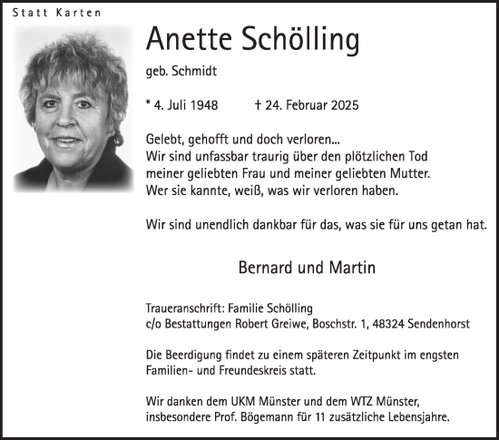 Traueranzeige von Anette Schölling von Die Glocke