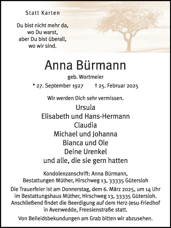 Traueranzeige von Anna Bürmann von Die Glocke