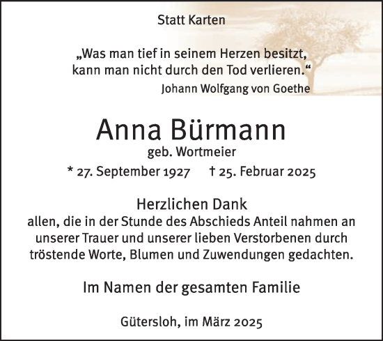 Traueranzeige von Anna Bürmann von Die Glocke