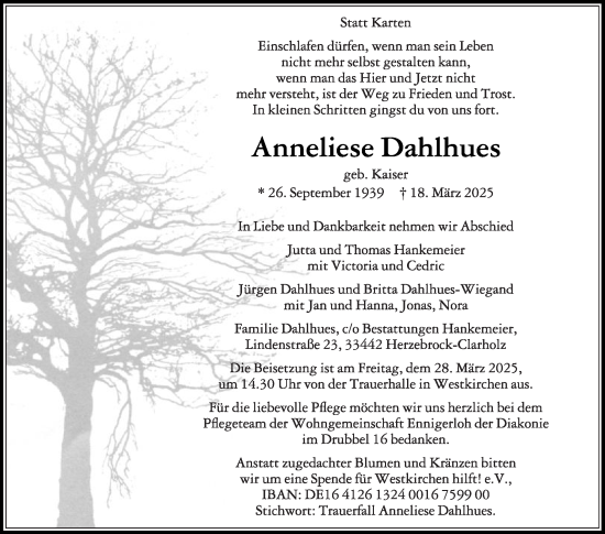Traueranzeige von Anneliese Dahlhues von Die Glocke