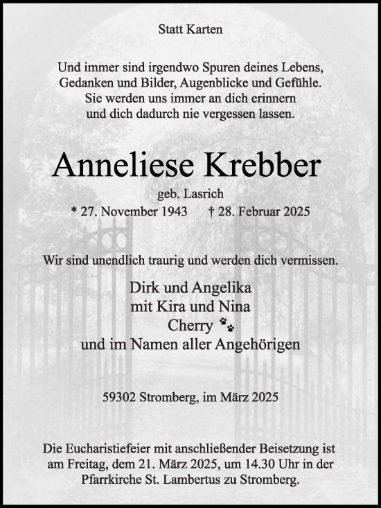 Traueranzeige von Anneliese Krebber von Die Glocke