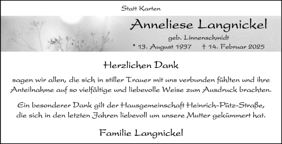 Traueranzeige von Anneliese Langnickel von Die Glocke