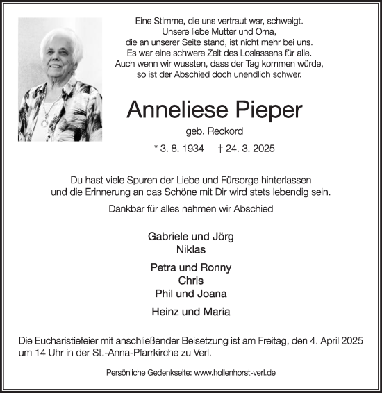 Traueranzeige von Anneliese Pieper von Die Glocke