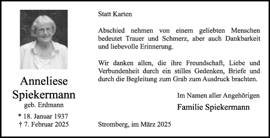 Traueranzeige von Anneliese Spiekermann von Die Glocke