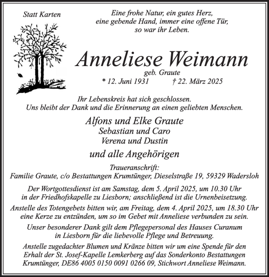 Traueranzeige von Anneliese Weimann von Die Glocke