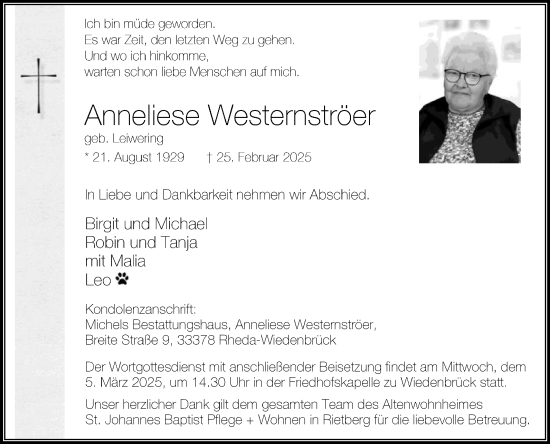 Traueranzeige von Anneliese Westernströer von Die Glocke