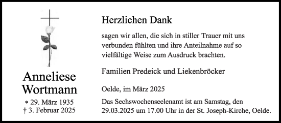 Traueranzeige von Anneliese Wortmann von Die Glocke