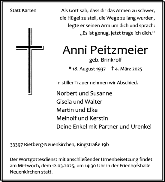 Traueranzeige von Anni Peitzmeier von Die Glocke