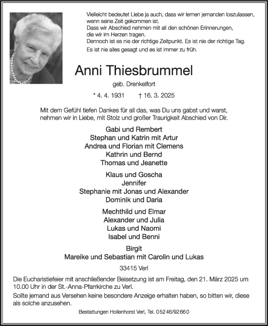 Traueranzeige von Anni Thiesbrummel von Die Glocke