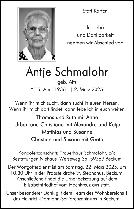 Traueranzeige von Antje Schmalohr von Die Glocke