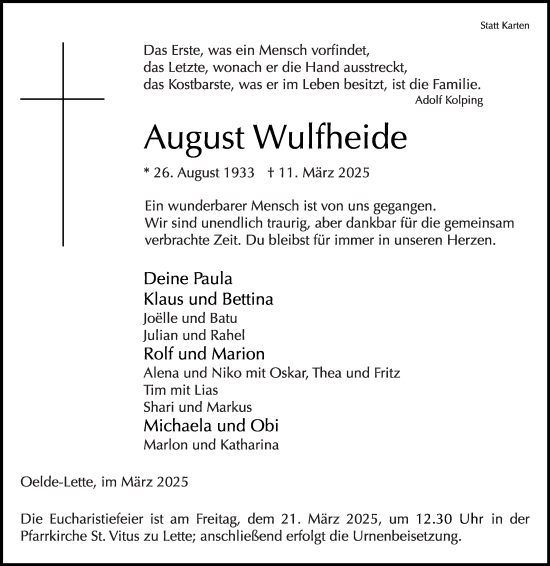 Traueranzeige von August Wulfheide von Die Glocke