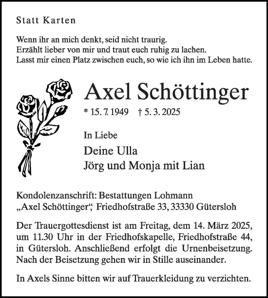 Traueranzeige von Axel Schöttinger von Die Glocke
