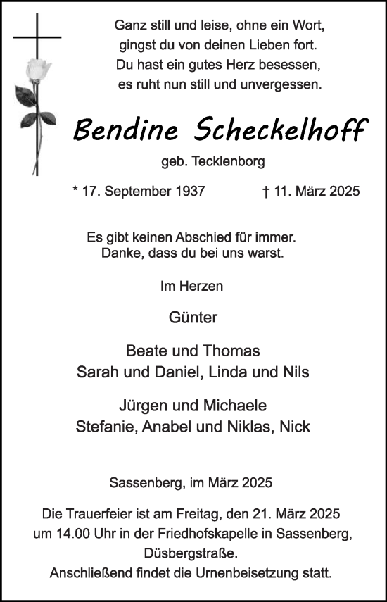 Traueranzeige von Bendine Scheckelhoff von Die Glocke