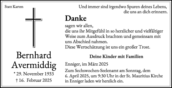 Traueranzeige von Bernhard Avermiddig von Die Glocke
