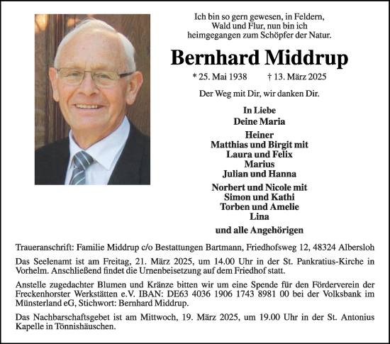 Traueranzeige von Bernhard Middrup von Die Glocke