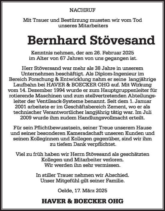 Traueranzeige von Bernhard Stövesand von Die Glocke