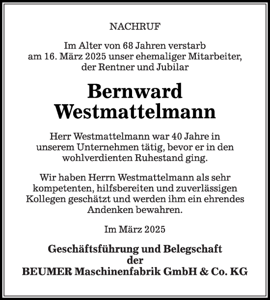 Traueranzeige von Bernward Westmattelmann von Die Glocke