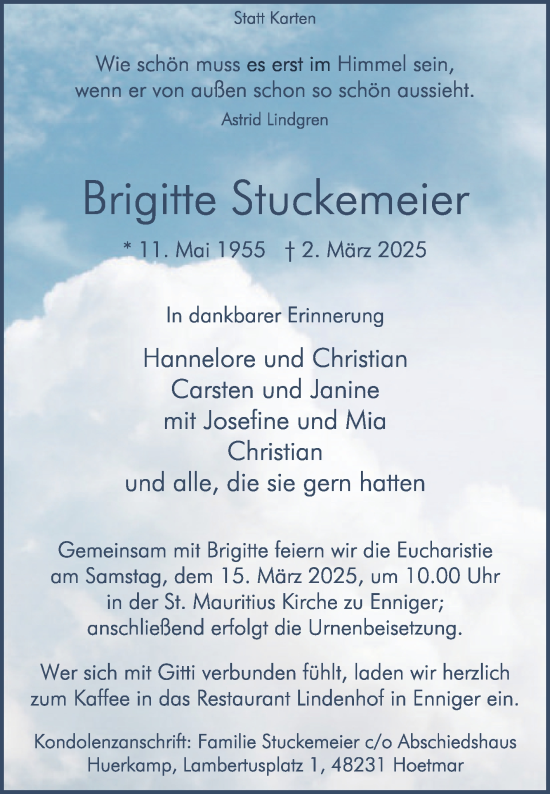 Traueranzeige von Brigitte Stuckemeier von Die Glocke
