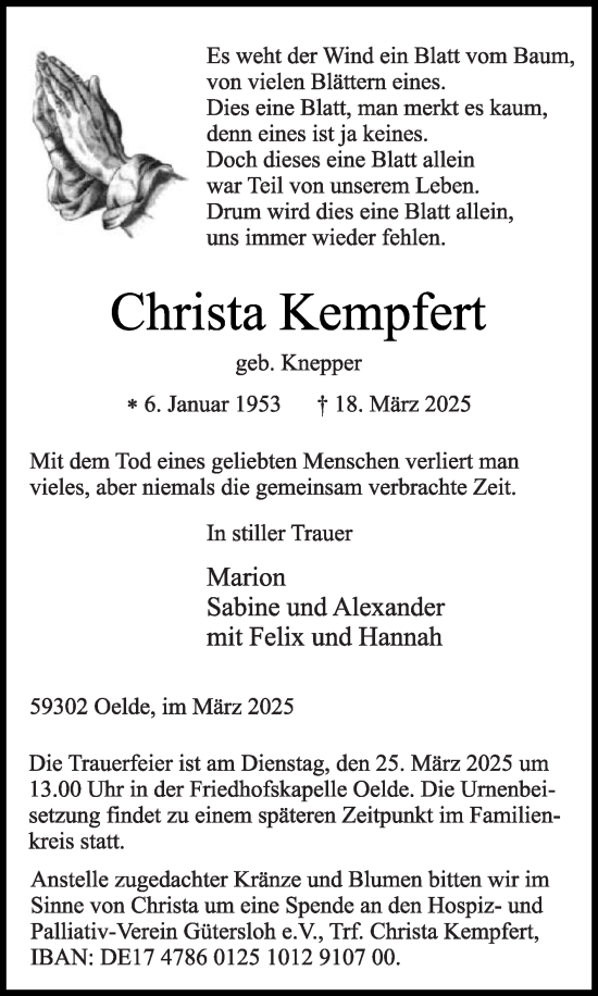 Traueranzeige von Christa Kempfert von Die Glocke