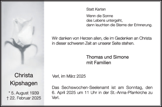 Traueranzeige von Christa Kipshagen von Die Glocke