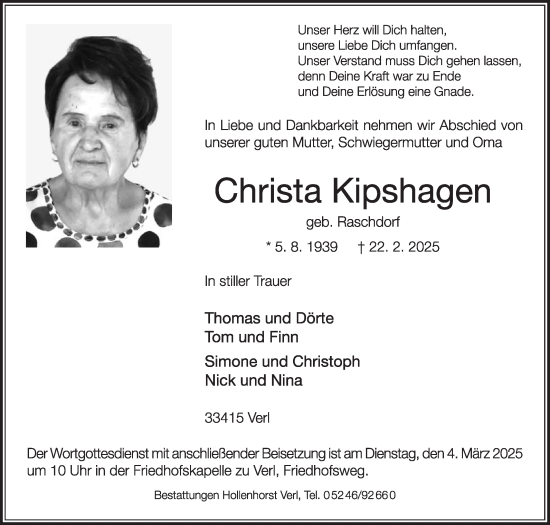 Traueranzeige von Christa Kipshagen von Die Glocke