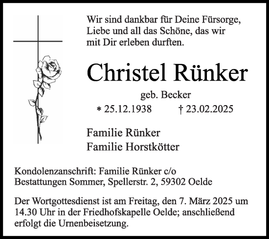 Traueranzeige von Christel Rünker von Die Glocke