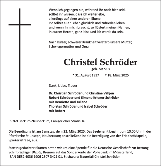 Traueranzeige von Christel Schröder von Die Glocke