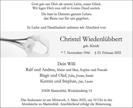 Traueranzeige von Christel Wiedenlübbert von Die Glocke