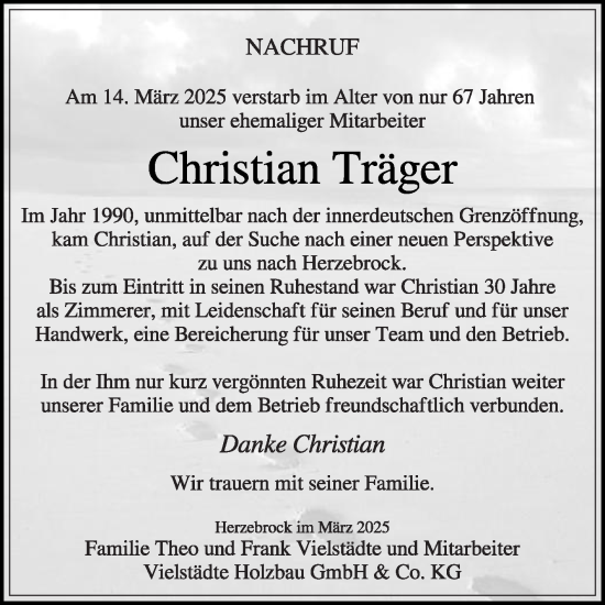 Traueranzeige von Christian Träger von Die Glocke