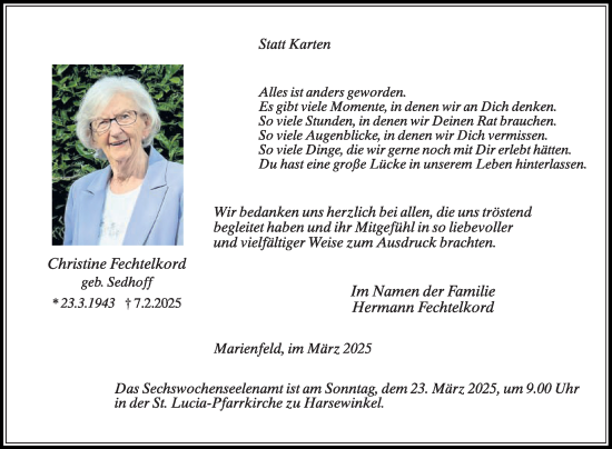 Traueranzeige von Christine Fechtelkord von Die Glocke