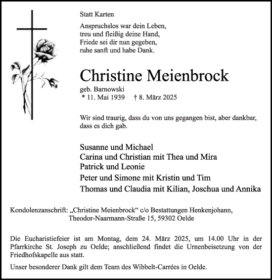 Traueranzeige von Christine Meienbrock von Die Glocke