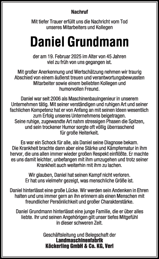 Traueranzeige von Daniel Grundmann von Die Glocke