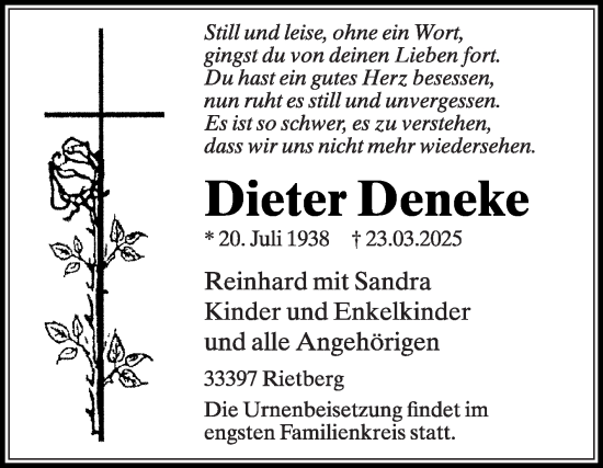 Traueranzeige von Dieter Deneke von Die Glocke