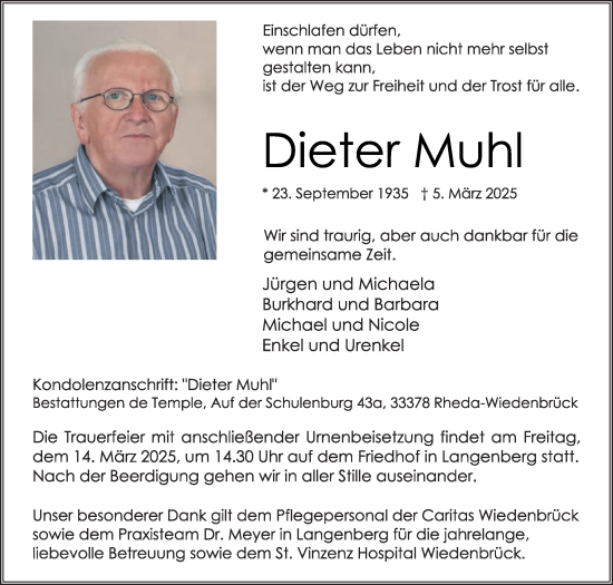 Traueranzeige von Dieter Muhl von Die Glocke