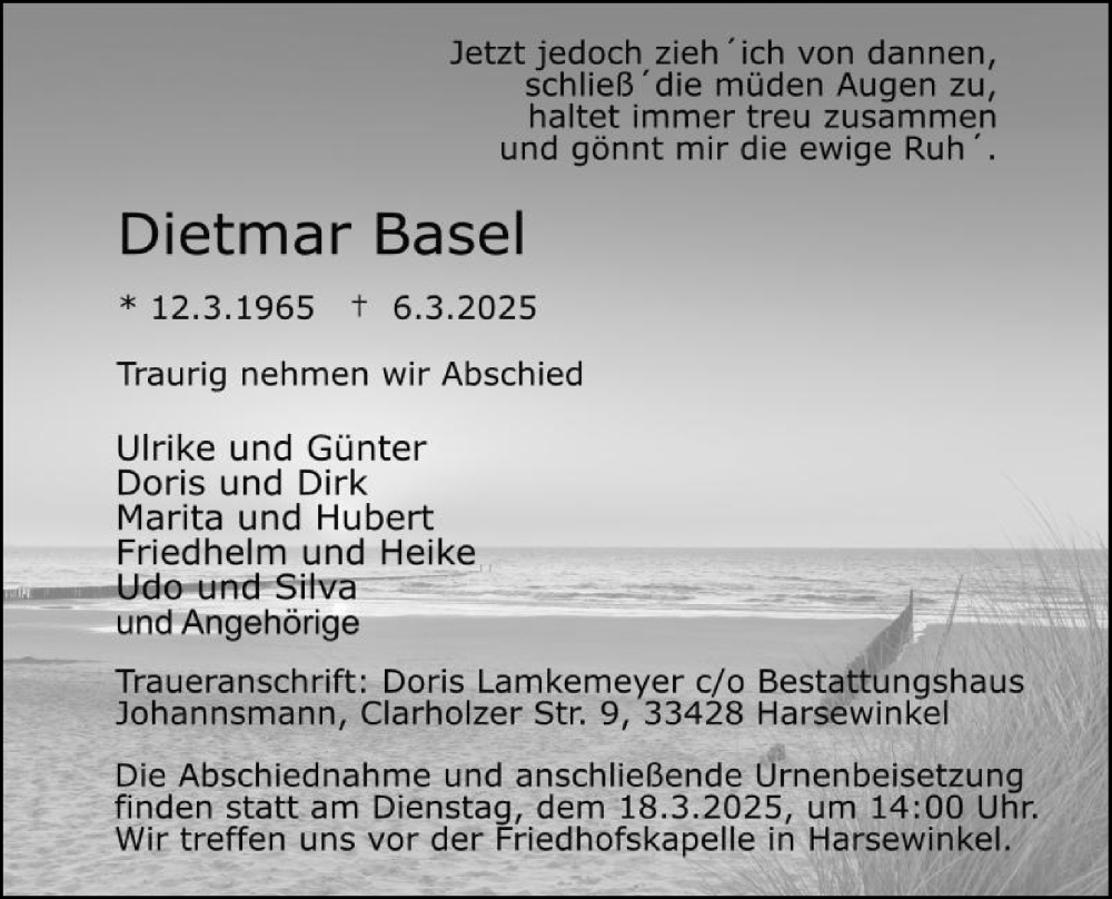  Traueranzeige für Dietmar Basel vom 15.03.2025 aus Die Glocke