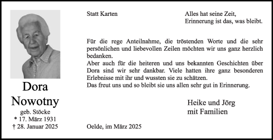 Traueranzeige von Dora Nowotny von Die Glocke