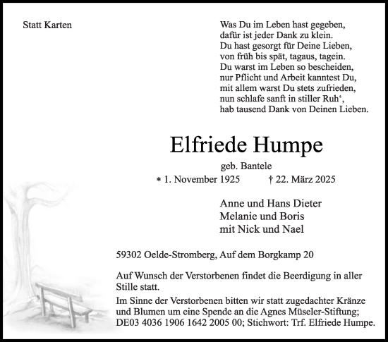 Traueranzeige von Elfriede Humpe von Die Glocke