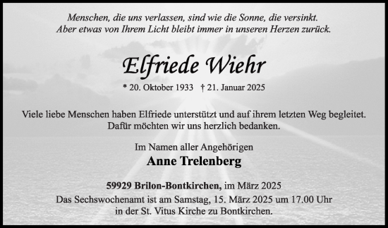 Traueranzeige von Elfriede Wiehr von Die Glocke