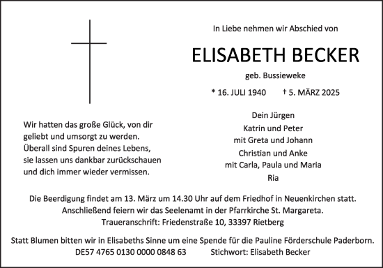 Traueranzeige von Elisabeth Becker von Die Glocke